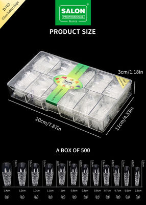 500PCS Escalier de forme Conseils d'ongles Ensemble de faux ongles en verre en relief avec boîte de rangement Kit de nail art acrylique pour le salon